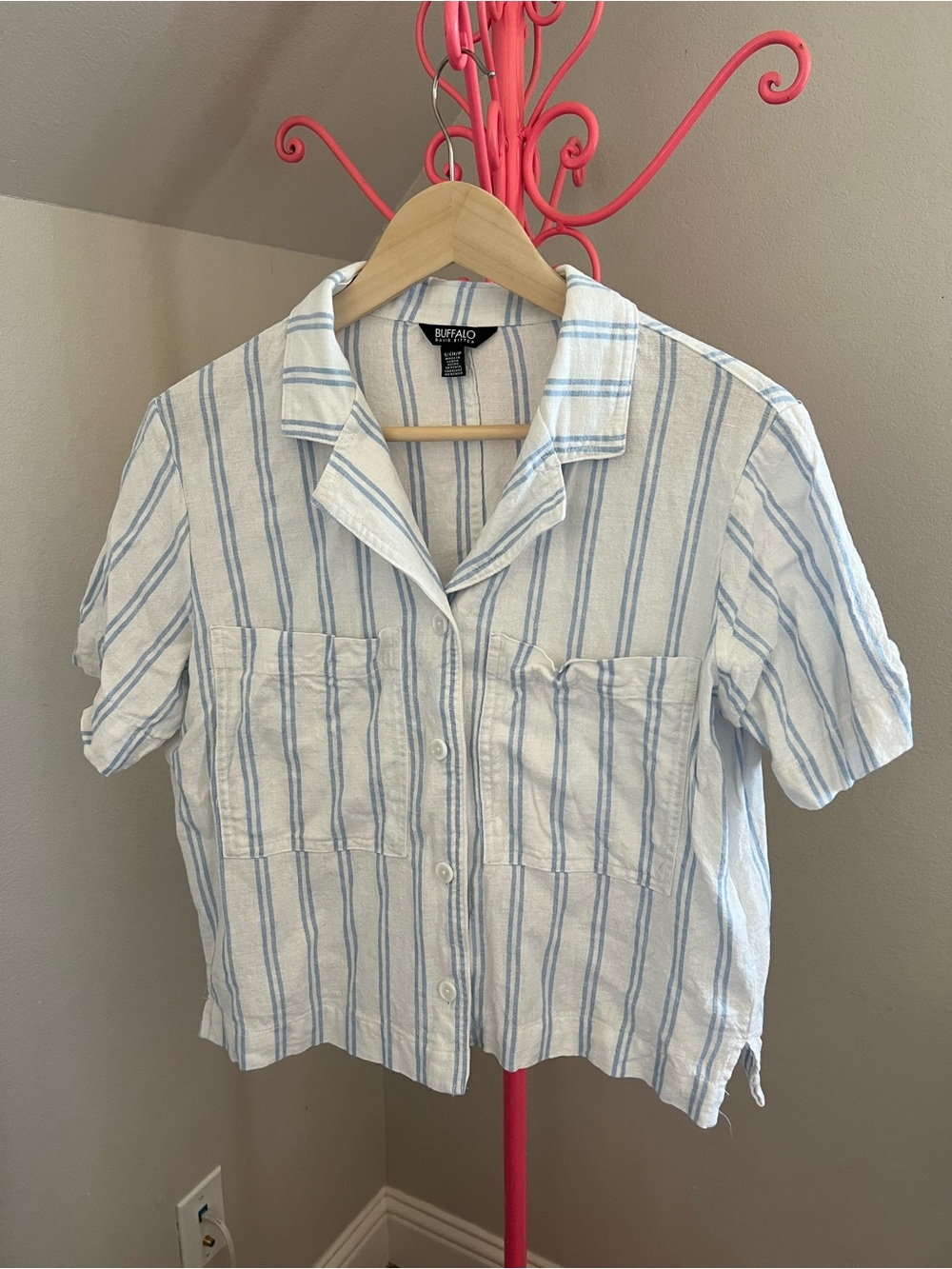 Buffalo White & Light Blue Striped Linen Button Front Shirt